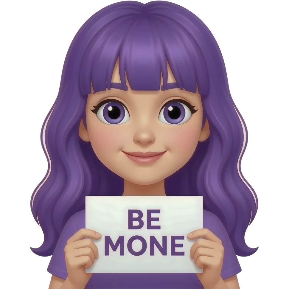 girl with long purple hair holding a BE MINE sign emoji