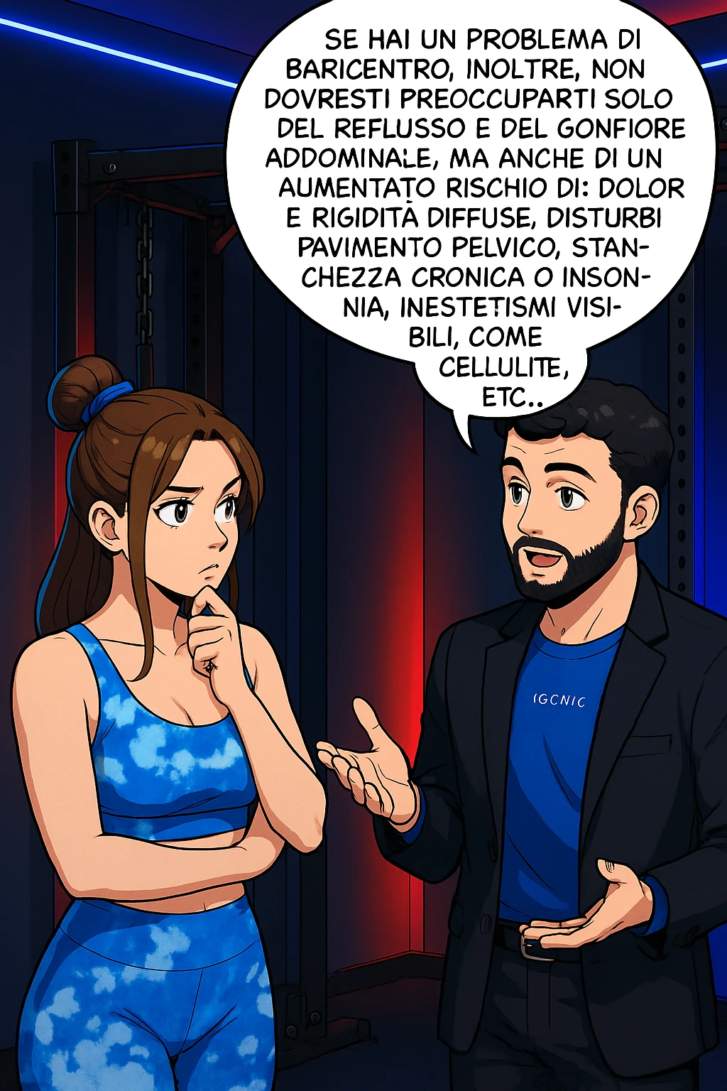 TRASFORMA QUESTO CAROSELLO IN UN FUMETTO STILE WEBTOON/MANGA A COLORI CON QUESTE DUE PERSONE IDENTICHE CHE INTERLOQUISCONO TRA LORO, L'uomo sta spiegando alla donna questo concetto MENTRE LA DONNA SI TIENE L'INDICE SUL MENTO ASCOLTANDOLO PENSIEROSA:

Se hai un problema di baricentro, inoltre, non dovresti preoccuparti solo del reflusso e del gonfiore addominale, ma anche di un aumentato rischio di:
    • dolori e rigidità diffuse
    • disturbi pavimento pelvico
    • stanchezza cronica o insonnia
    • inestetismi visibili, come celluluite
    • etc… emoji