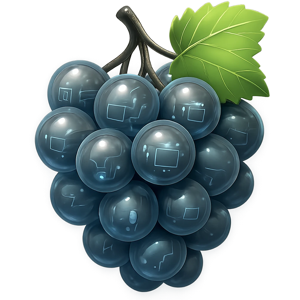 Make the grapes a little more gray, keep the stylized shiny glossy circuit style, transparent background. emoji
