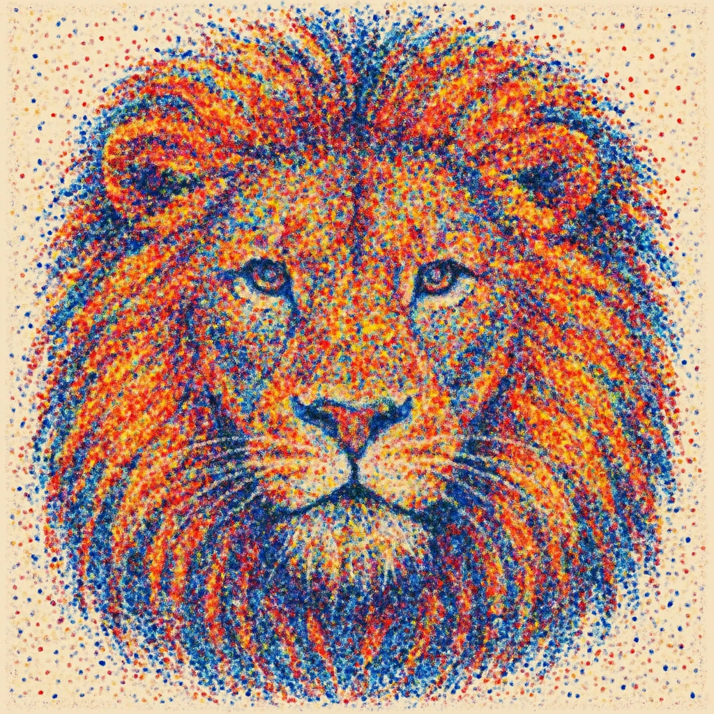 A majestic lion's face with a detailed mane, created using hundreds of small colorful dots that blend together to form a striking portrait emoji