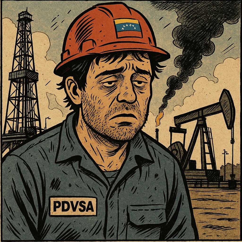 нарисуй в стиле комикса венесуэльского нефтянника на его рабочем месте, который "испортился" - у него щетина некрасивая, лицо помутнённое и несобранное emoji
