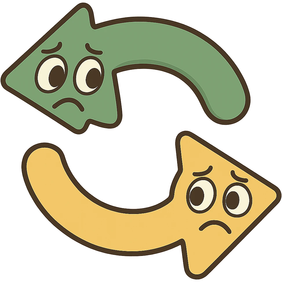 Edit the image of two turnover arrows to have both arrows frowning. Use a modern look with rounded shapes and a simple design. Apply a green, gold, and white color scheme. The image should have no background (transparent). emoji