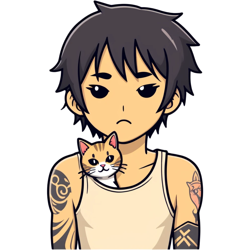 Black person with emo hair that covers his eyes is holding a beige tabby cat in his arms that it’s poking its to tongue out, the guy is tattooed in upper body wearing a white tank top emoji