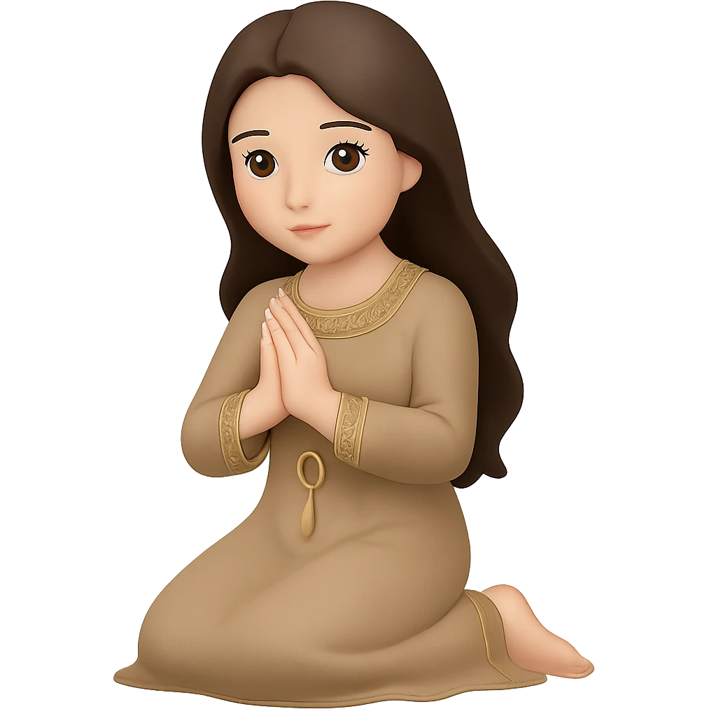 Change the dress color to tan, keep the woman kneeling and praying, long dark brown hair, emoji style, no background. The style should resemble emoji style with simple and clear features. emoji
