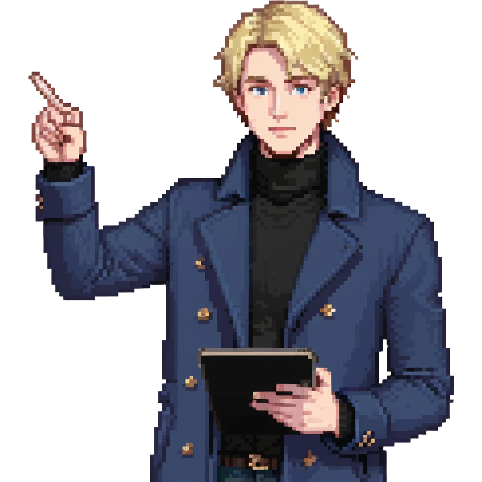 Flat pixel art, bold and charismatic male leader, Caucasian, short neat blonde hair, sharp eyes, indigo coat over black turtleneck, one arm raised pointing out, holding tablet, waist-up, front-facing emoji