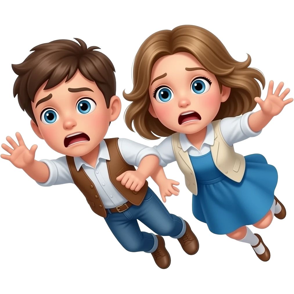 chico y chica caiendo del cielo asustados, el chico castanyo i con pelo corto y la chica pelo suelto y un poco rubia pero castaño y los dos tienen ojos azules son hermanos la chica con la ropa blanca i un peto, vestido azul emoji