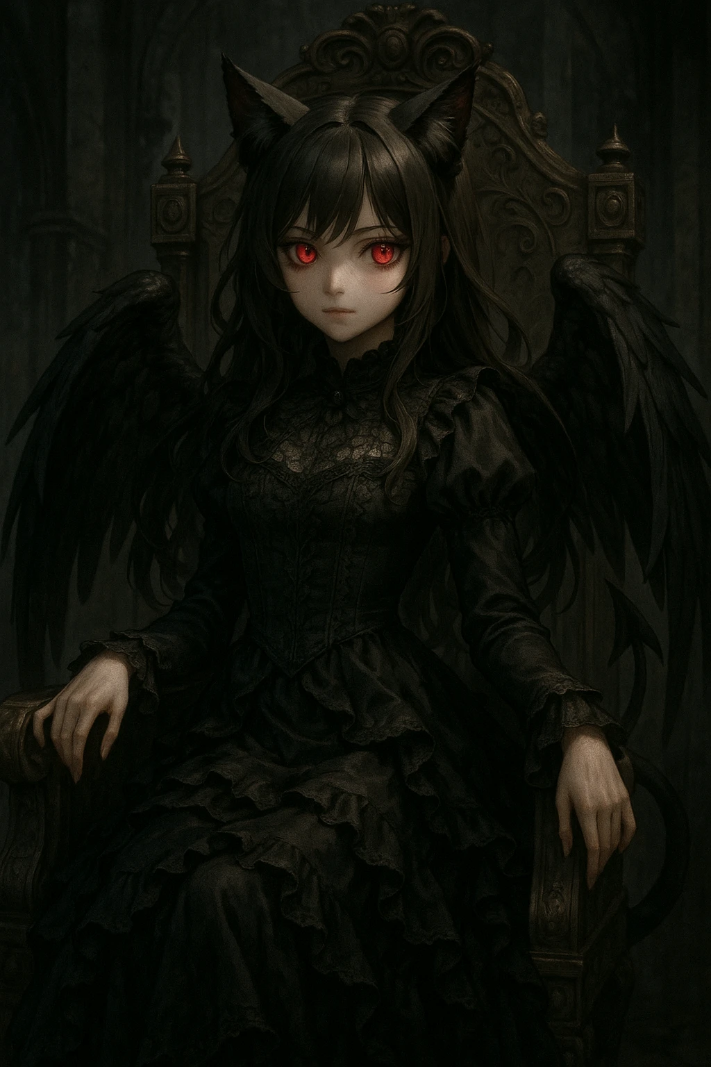 realistic anime catgirl devil with elegant gothic dress, black wings, red glowing eyes, ornate throne, dark fantasy background emoji