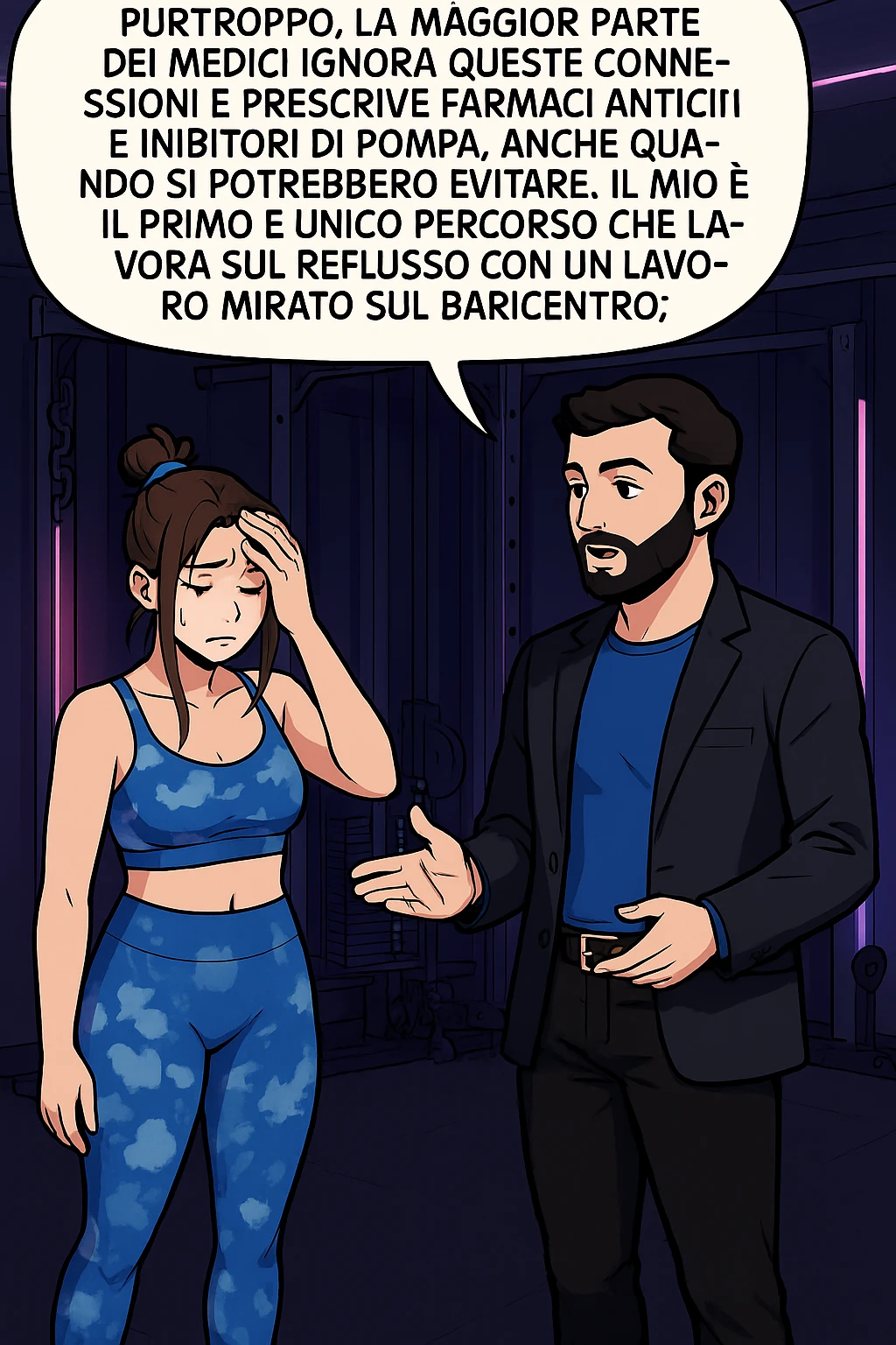 TRASFORMA QUESTO CAROSELLO IN UN FUMETTO STILE WEBTOON/MANGA A COLORI CON QUESTE DUE PERSONE IDENTICHE CHE INTERLOQUISCONO TRA LORO, L'uomo sta spiegando alla donna questo concetto MENTRE LA DONNA SI TIENE la mano sulla fronte sconcertata:

LUI (UOMO): Purtroppo, la maggior parte dei medici ignora queste connessioni e prescrive farmaci antiacidi e inibitori di pompa, anche quando si potrebbero evitare.
Il mio è il primo e unico percorso che lavora sul reflusso con un lavoro mirato sul baricentro; emoji