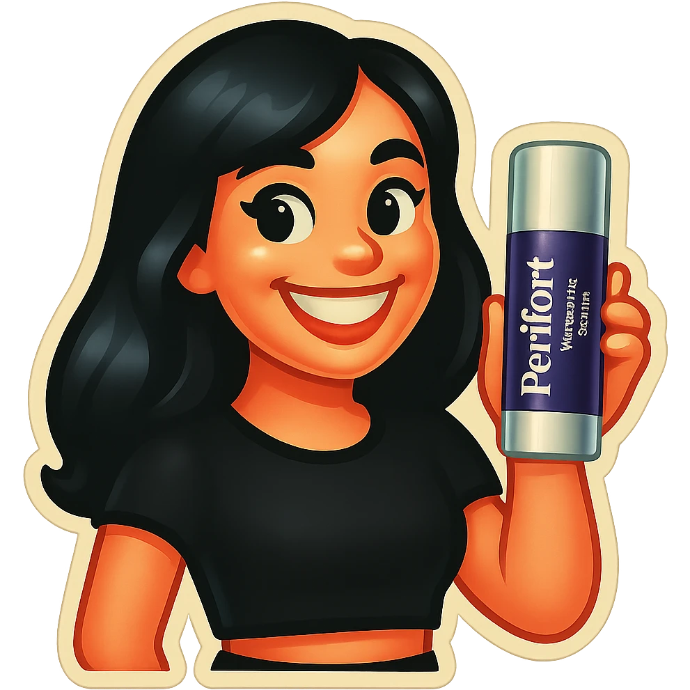 Create an emoji style image of a fair-skinned girl with beautiful black hair, wearing a black crop top, showing a big white smile, holding the exact whitening serum bottle as shown in the reference photo. Render this in the Genmoji emoji style with a transparent background. emoji