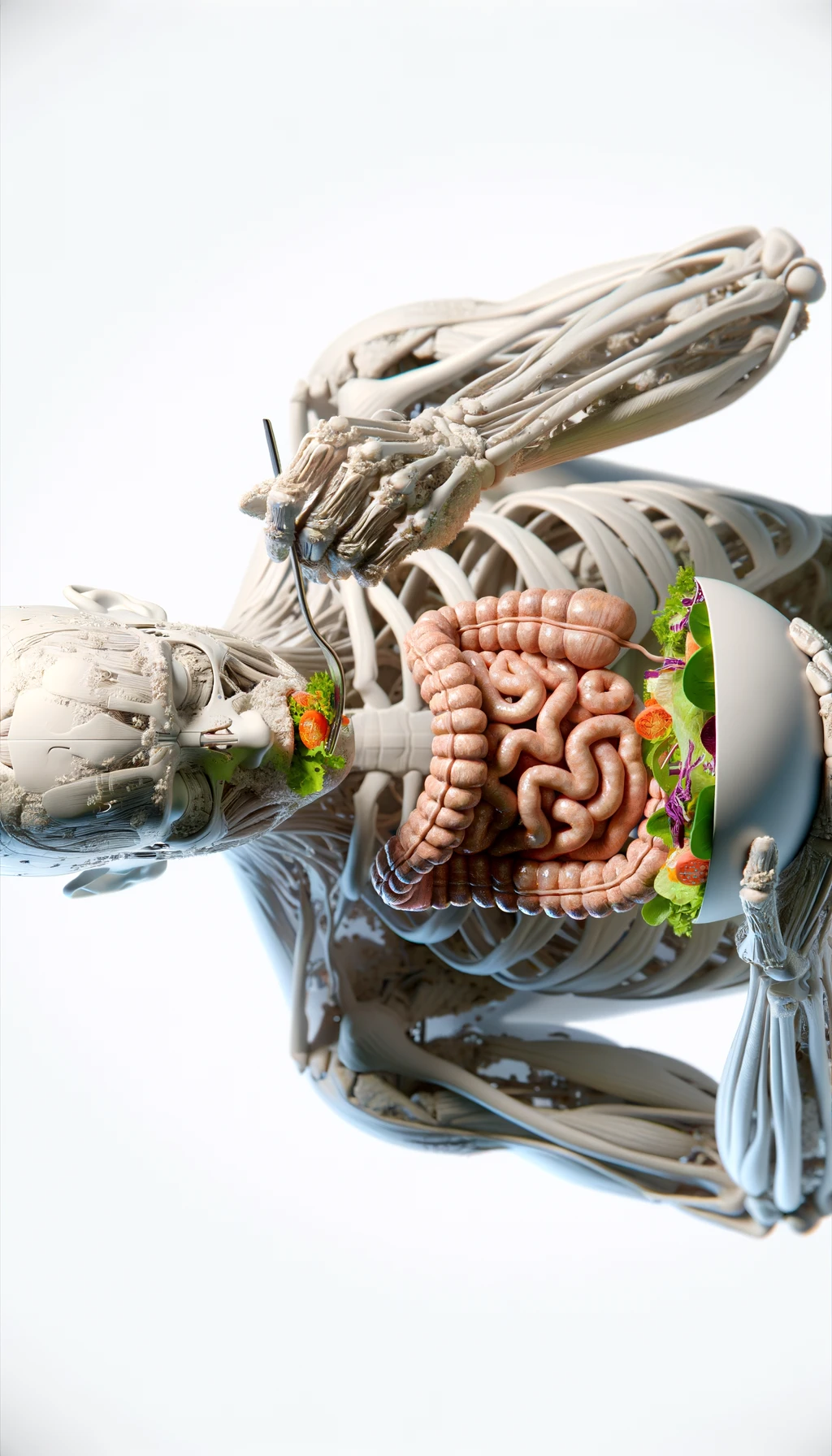 corpo umano anatomico con intestino in evidenza mentre mangia un'insalata con espressione neutra in volto, iperrealistico 4k, isolato su sfondo bianco emoji