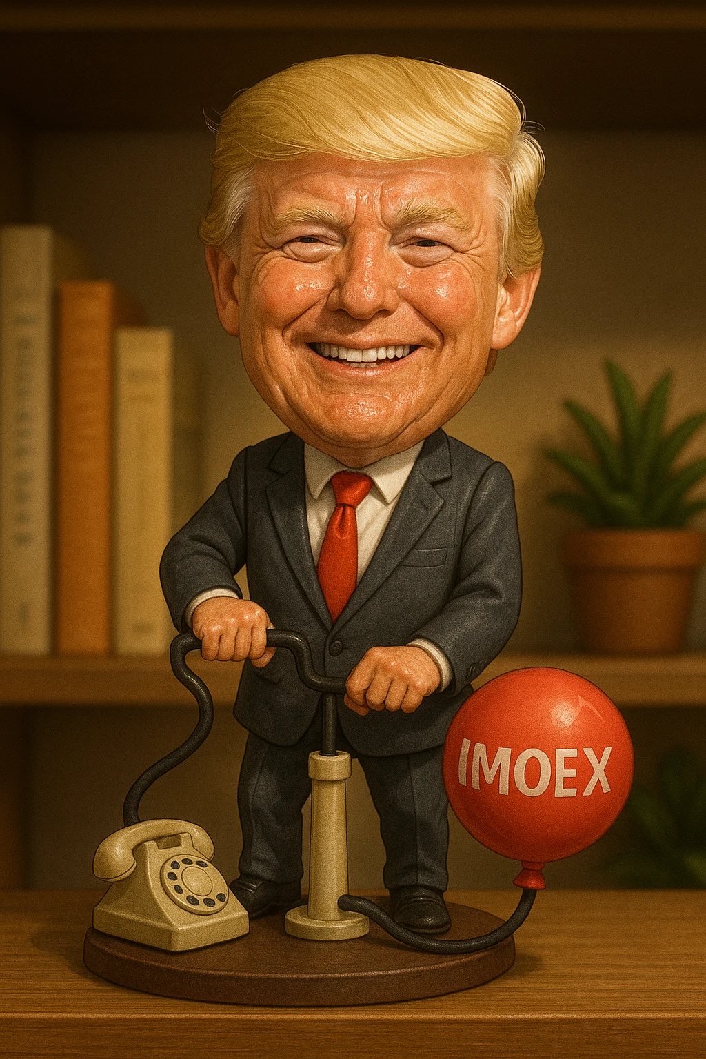 Дональд Трамп  улыбается в поте лица качает через насос в виде телефонного аппарата, который подключен к шарику, который символизирует фондовый рынок и на нём написано IMOEX emoji