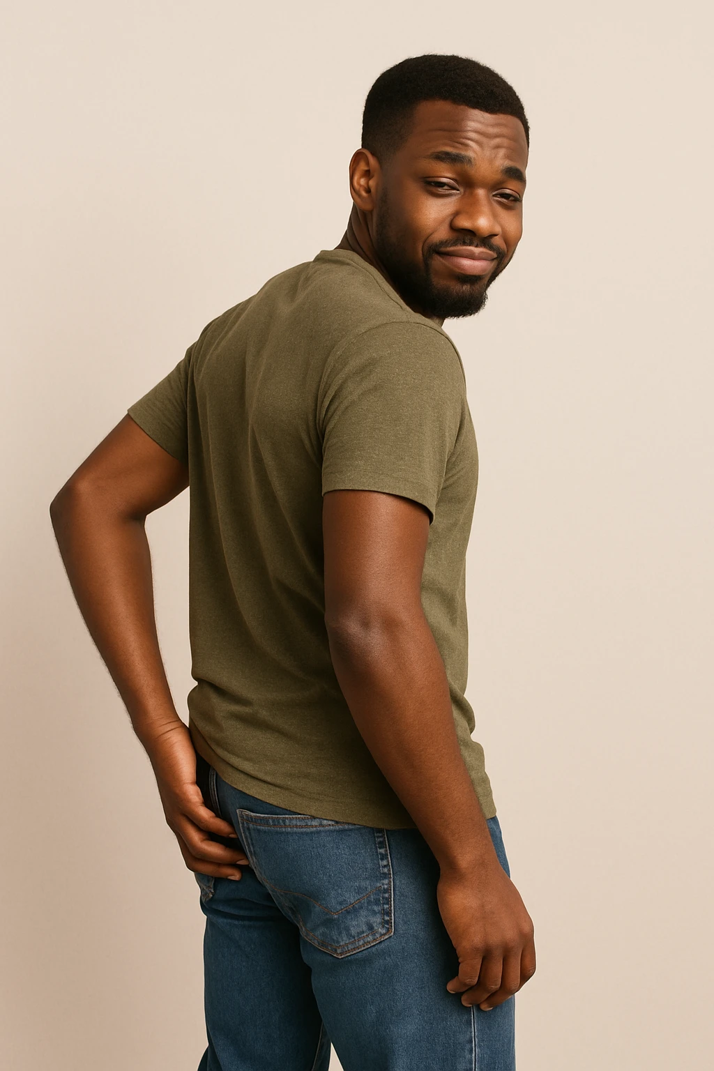 black African male, casual pose, scratching his backside, neutral background, respectful and lighthearted, no explicit content emoji