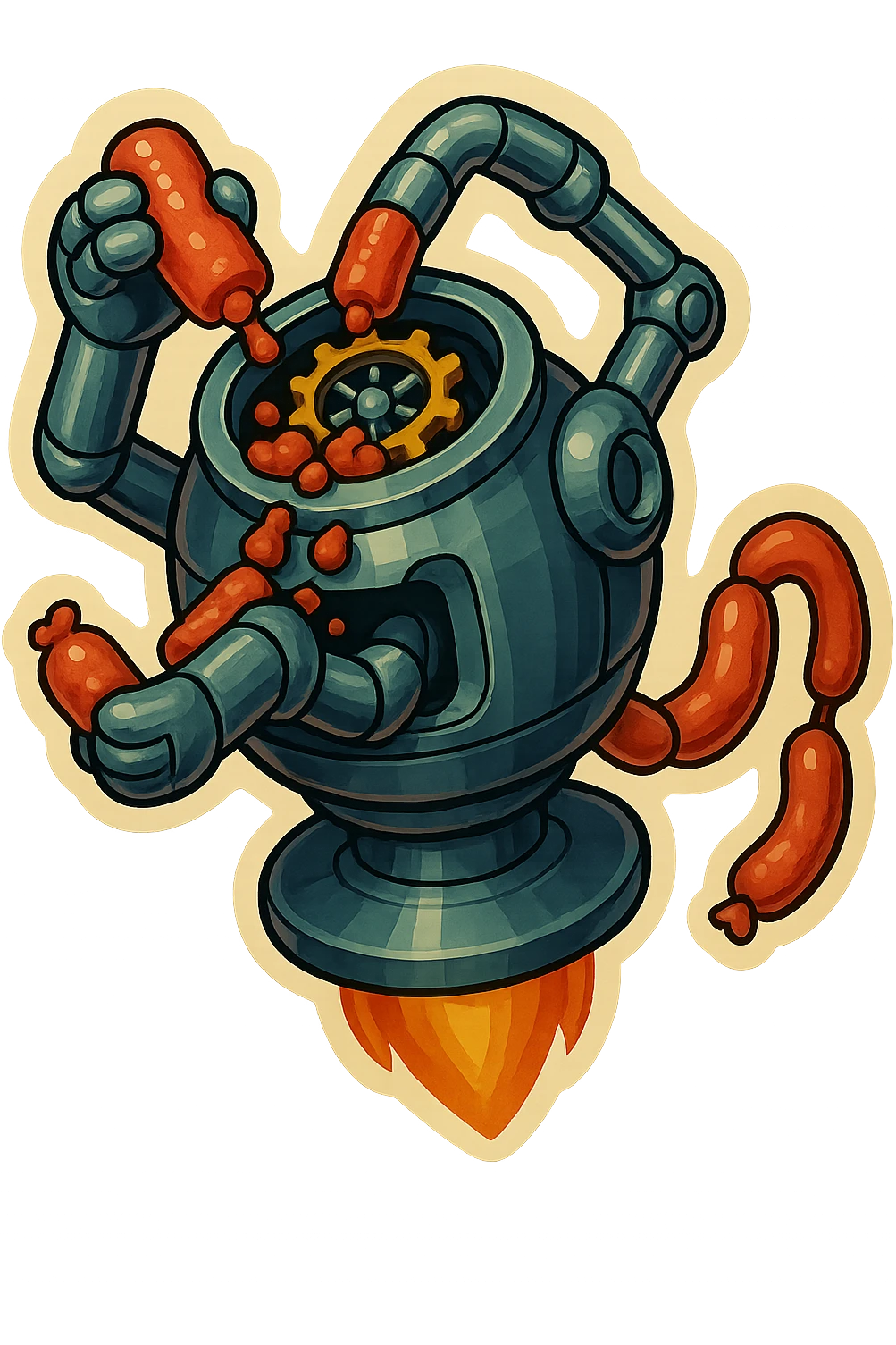 hovering robot. stuffs material into large hole on its top with 2 arms. no neck or head. large hole is where neck and head would be. spinning gears and blades in hole grind red chunks. sausage links come our of hole on backside.  3/4 view. between realism and cartoon. well lit. no dramatic lighting. metallic shiny robot. works diligently. dark humor emoji