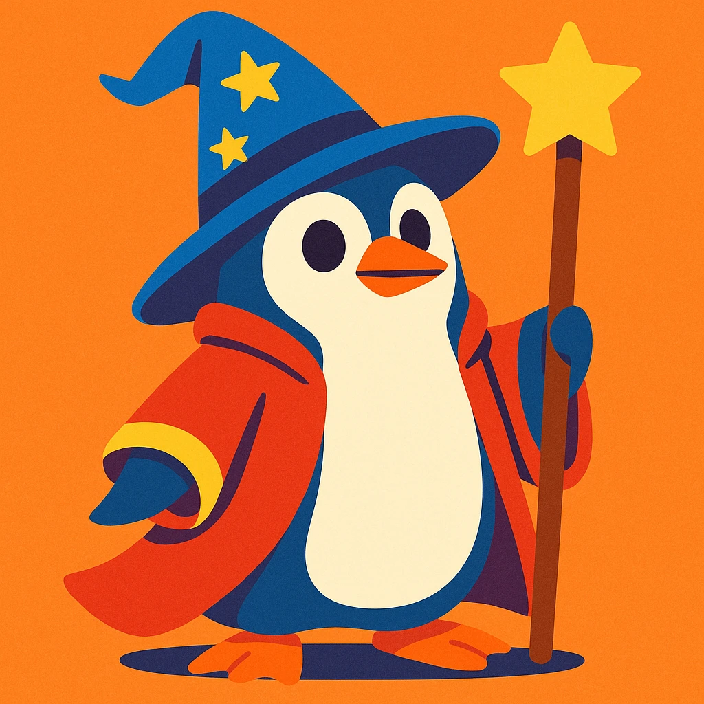 a penguin dressed as a wizard, with a pointy hat and a magic staff, in a charming, whimsical style emoji