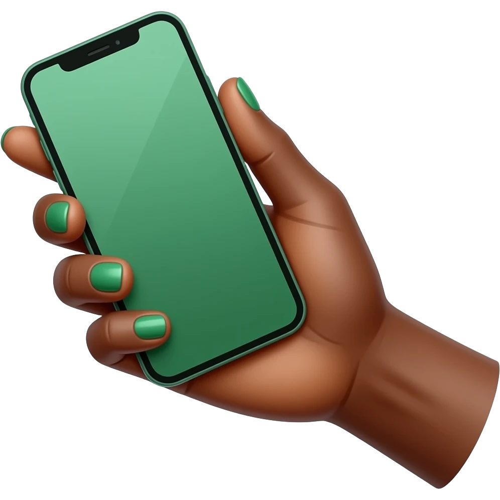 A delicate medium-dark skinned female hand with emerald green nails holds an emerald green smartphone emoji