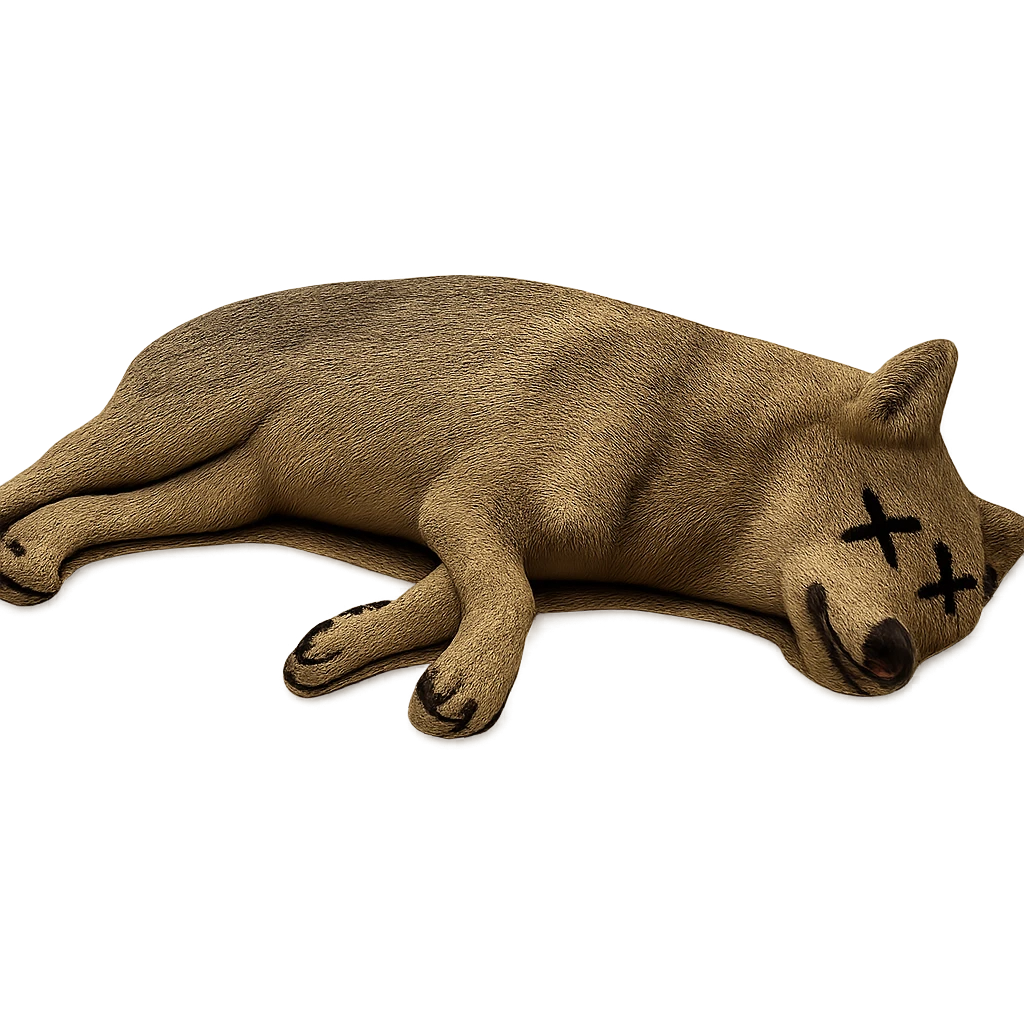 Add cartoon X's over the eyes to indicate the wolf is dead, keep the rest realistic, no background. Maintain the realistic style of the wolf while adding the cartoon X's over the eyes as a clear dead indicator. emoji