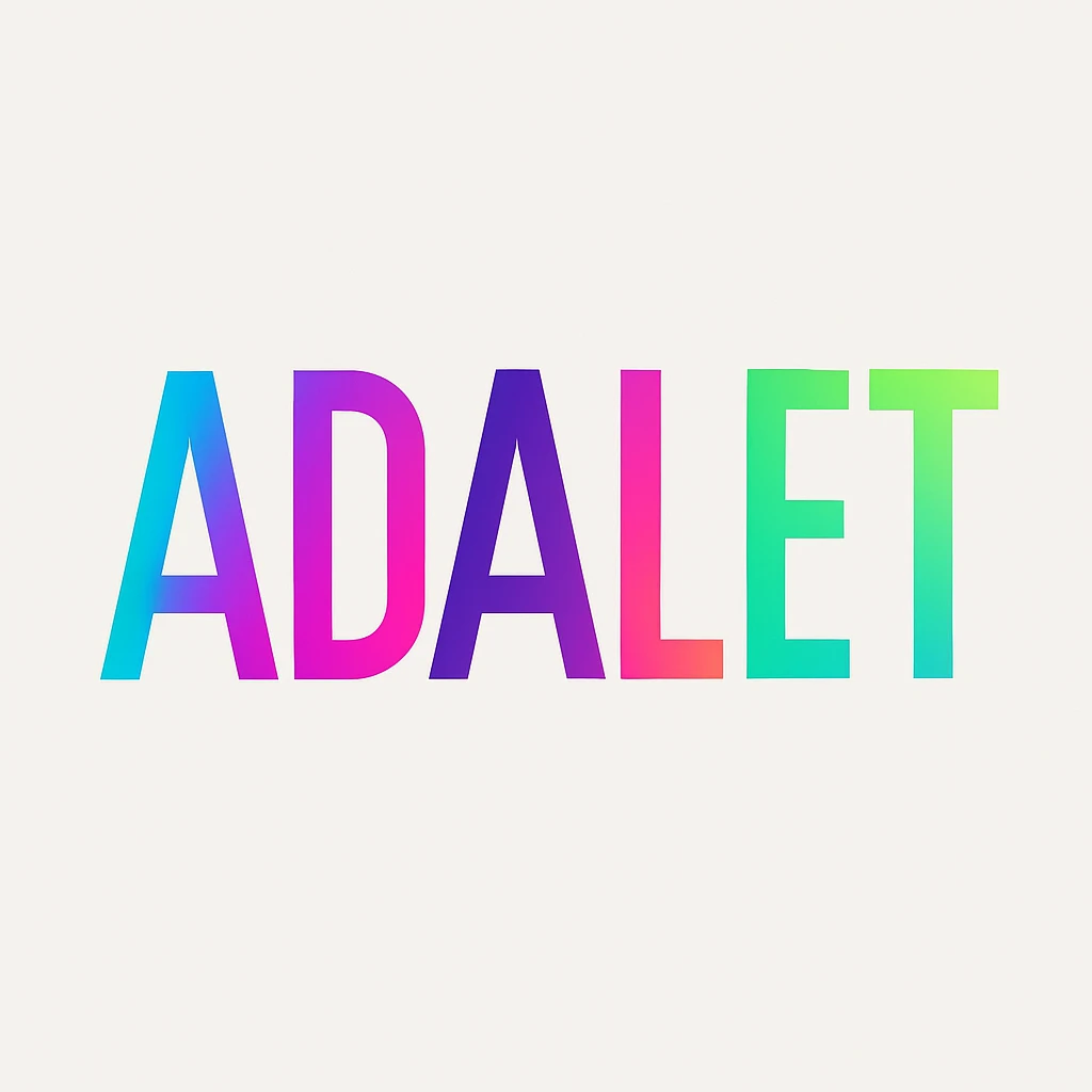 ADALET text in modern typography with vibrant colors and minimal background emoji