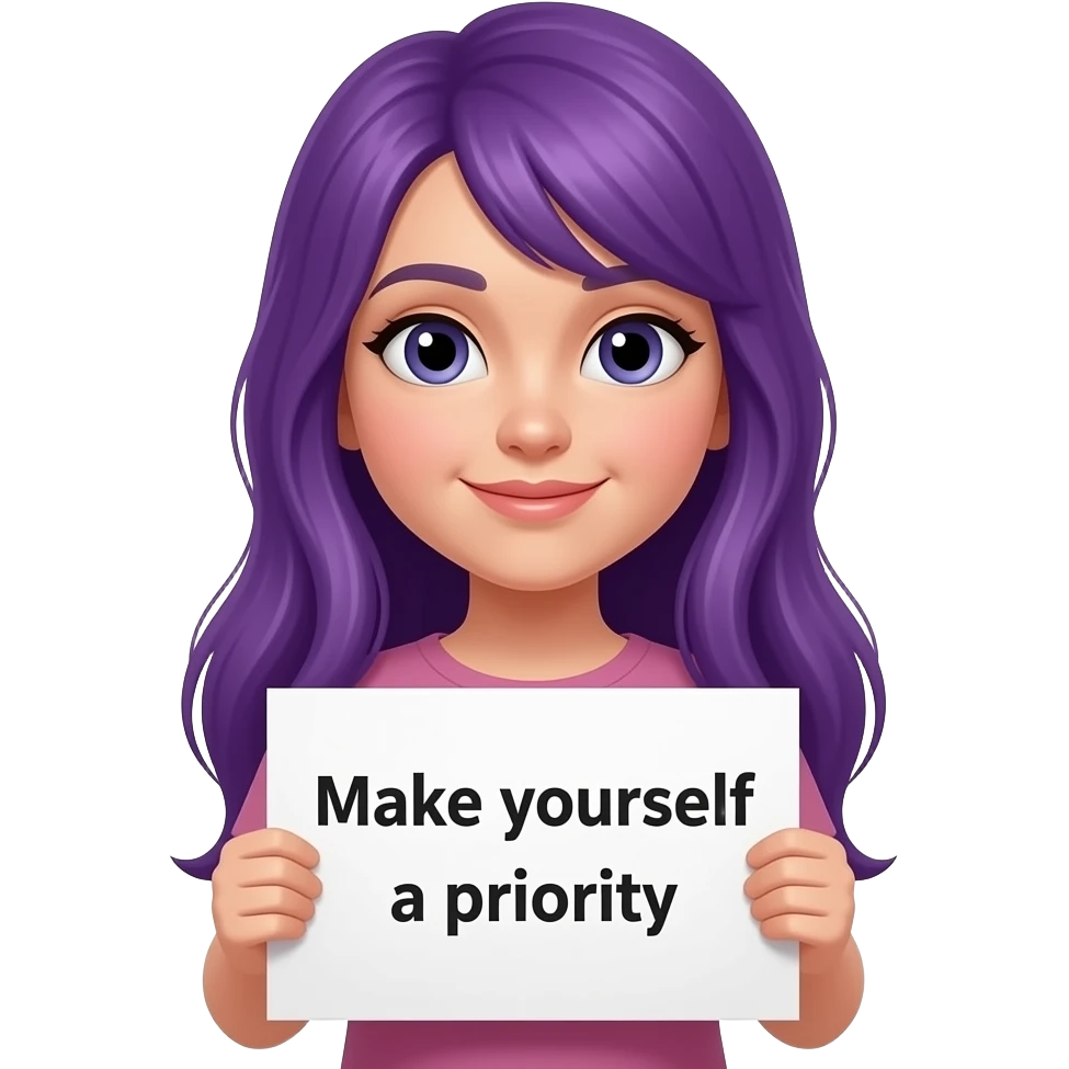 girl with long purple hair holding a REMINDER Make yourself priority sign emoji