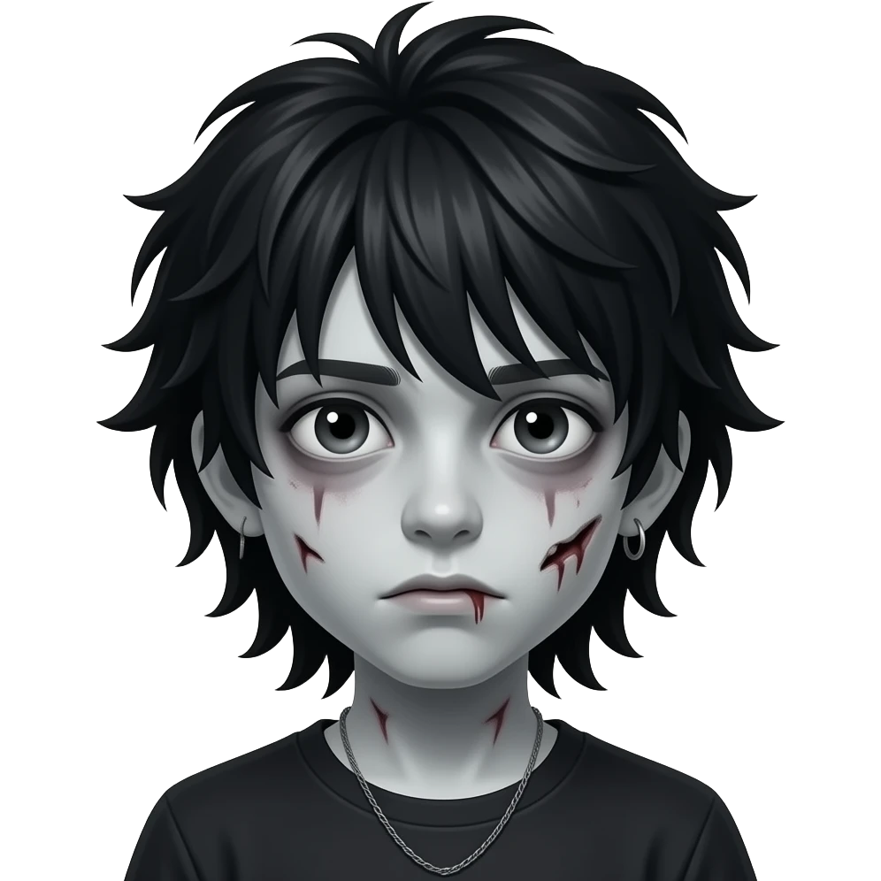 Boy, zombie, black hair, medium long, emo, shaggy, dark, spooky, creepy pale skin emoji