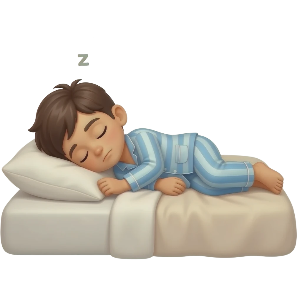 a tanned boy sleeping in pyjamas in bed sideways with zzz over her head emoji