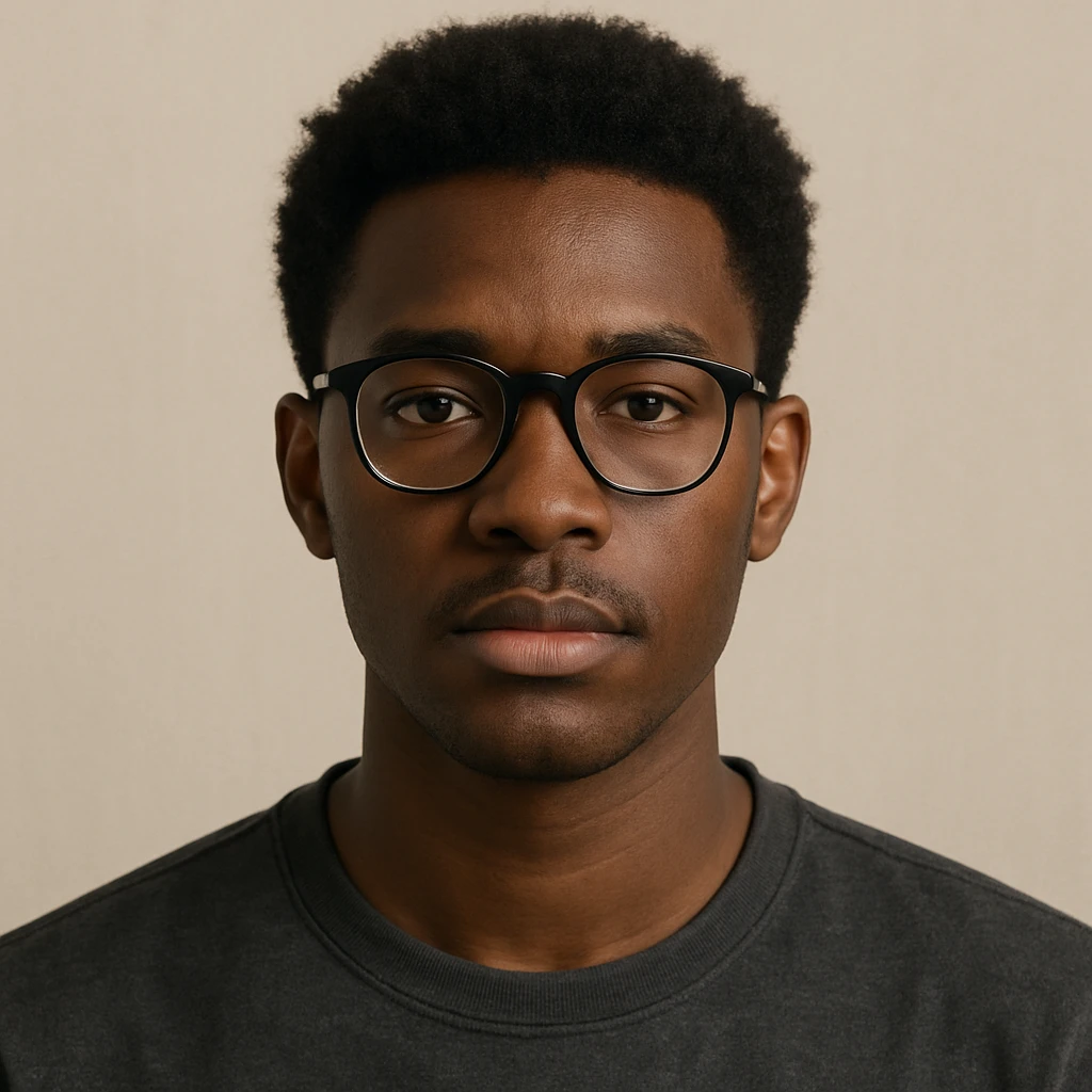 young African man with eye glasses, neutral expression, simple background emoji