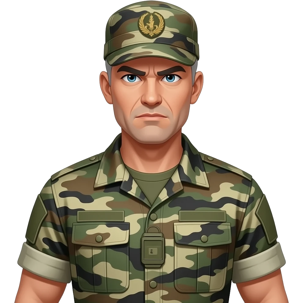 white sergeant character with gray hair. In an urban camouflage uniform and hat, army shirt. The character should have an intense expression. full torso and arms emoji