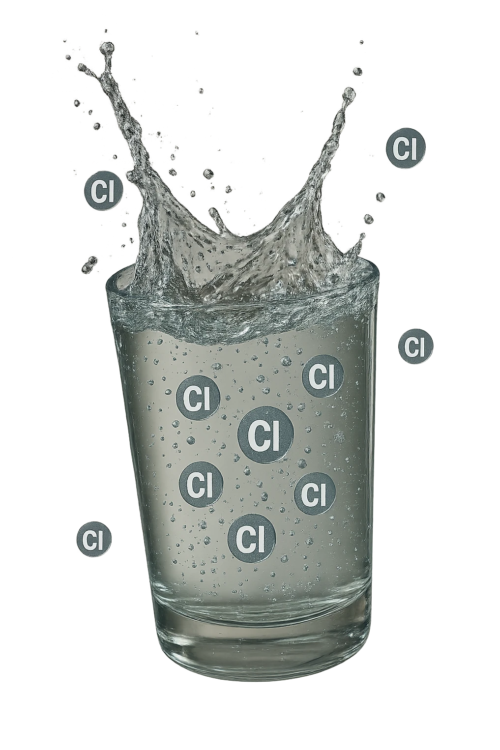 un bicchiere di acqua cade verticalmente dall'alto realistico e dettagliato, dentro l'acqua del bicchiere ci sono particelle di cloro ben visibili con la scritta "Cl" sopra, ci sono particelle anche che escono dal bicchiere e fluttuano in aria verticalmente, mentre alcune sono all'interno dell'acqua nel bicchiere, iperrealistico 4k emoji
