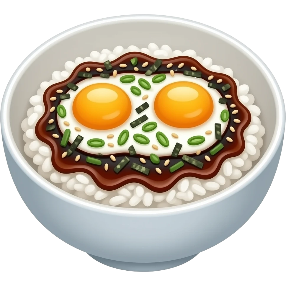 korean soy sauce egg rice, two sunny side up eggs on white rice, soy sauce drizzle, seaweed flakes, sesame seeds, green onions, simple bowl, realistic food photography emoji