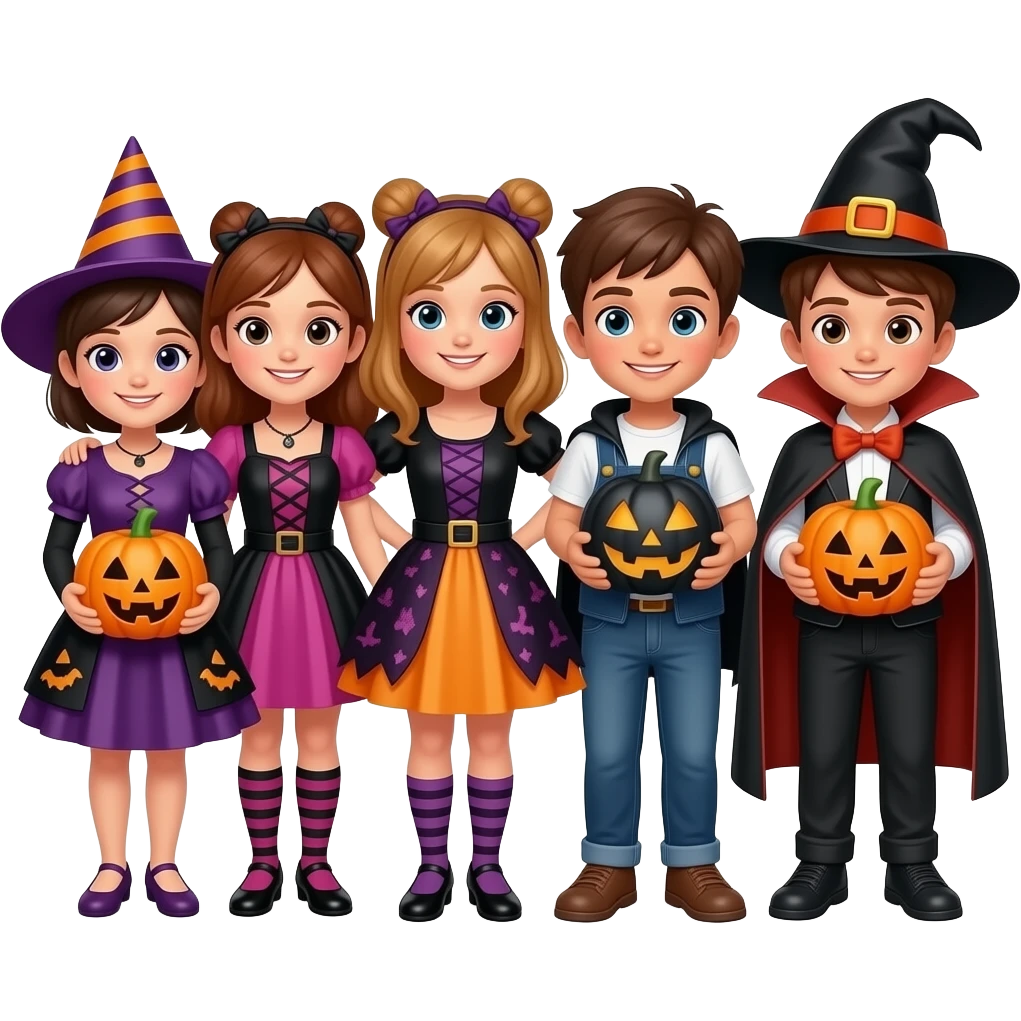 Halloween 10 kids of different races, 5 girls and 5 boys dressed up a in different costumes outside at night emoji