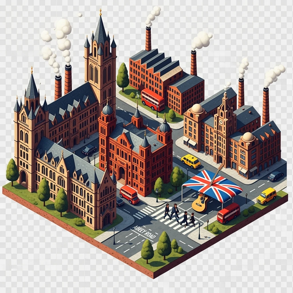 Isometric illustration of Manchester and Liverpool combined, Beatles references (Abbey Road sign), Manchester Town Hall, a Union Jack guitar and brick building in a miniature, toy-style factories, balanced between stylized painting and realistic,  transparent background emoji