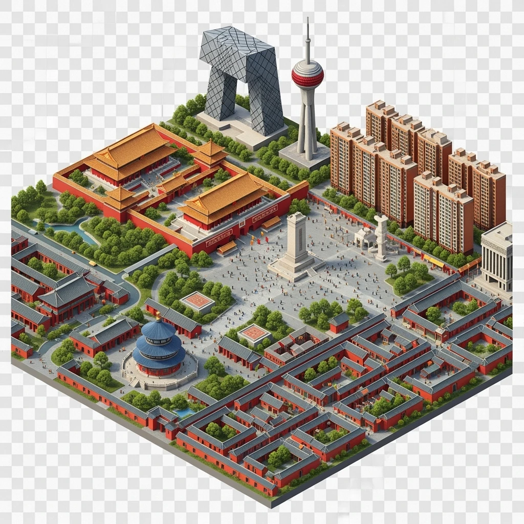 Isometric miniature of Beijing Forbidden City, Tiananmen Square, CCTV Headquarters, Temple of Heaven, and crowded hutong alleys, sprawling apartment blocks, 3D miniature effect and Tilt Shift effect, no cartoonish look, transparent background. emoji