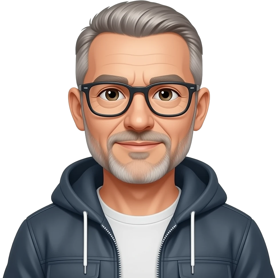 very entellectual man, 65 years old, street wear stubble, shaved short with clippers glasses emoji