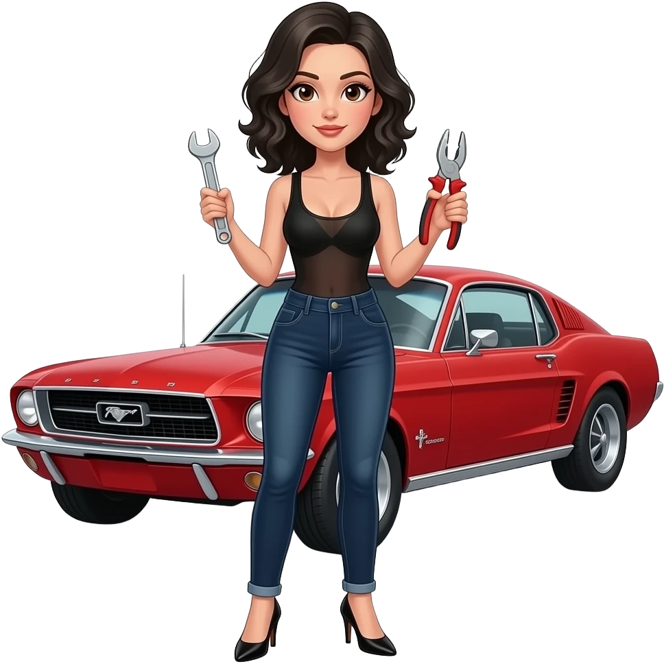 Pale girl with wavy jet black hair and brown eyes in front of a red ford mustang 1968 coupe. Girl wearing a sheer black sleeveless top, low rounded neckline, jeans and heels with visible toes. Girl holding an adjustable wrench in his right hand and a pair of pliers in his left hand. emoji