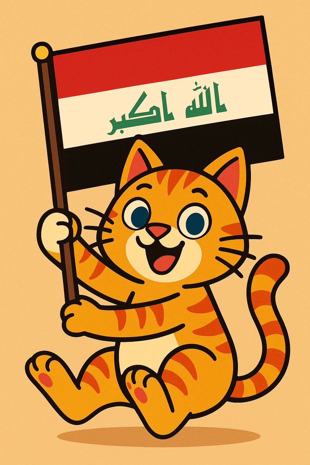 playful cat holding the Iraq flag, vibrant colors, cartoon style, lively and fun emoji