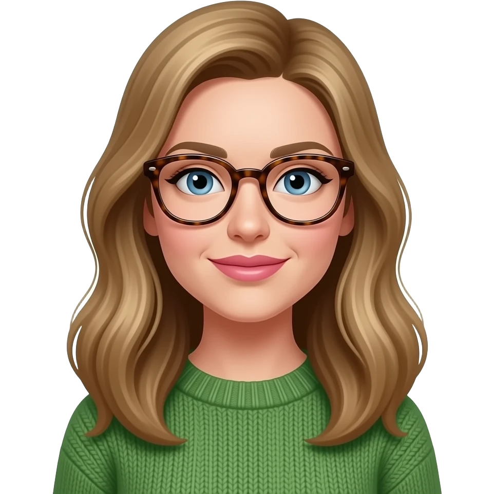 a white woman with long, chest length, darker blonde hair. she should be wearing thick rimmed tortise shell glasses, pinker lips, wearing a green sweater and have blue eyes. emoji