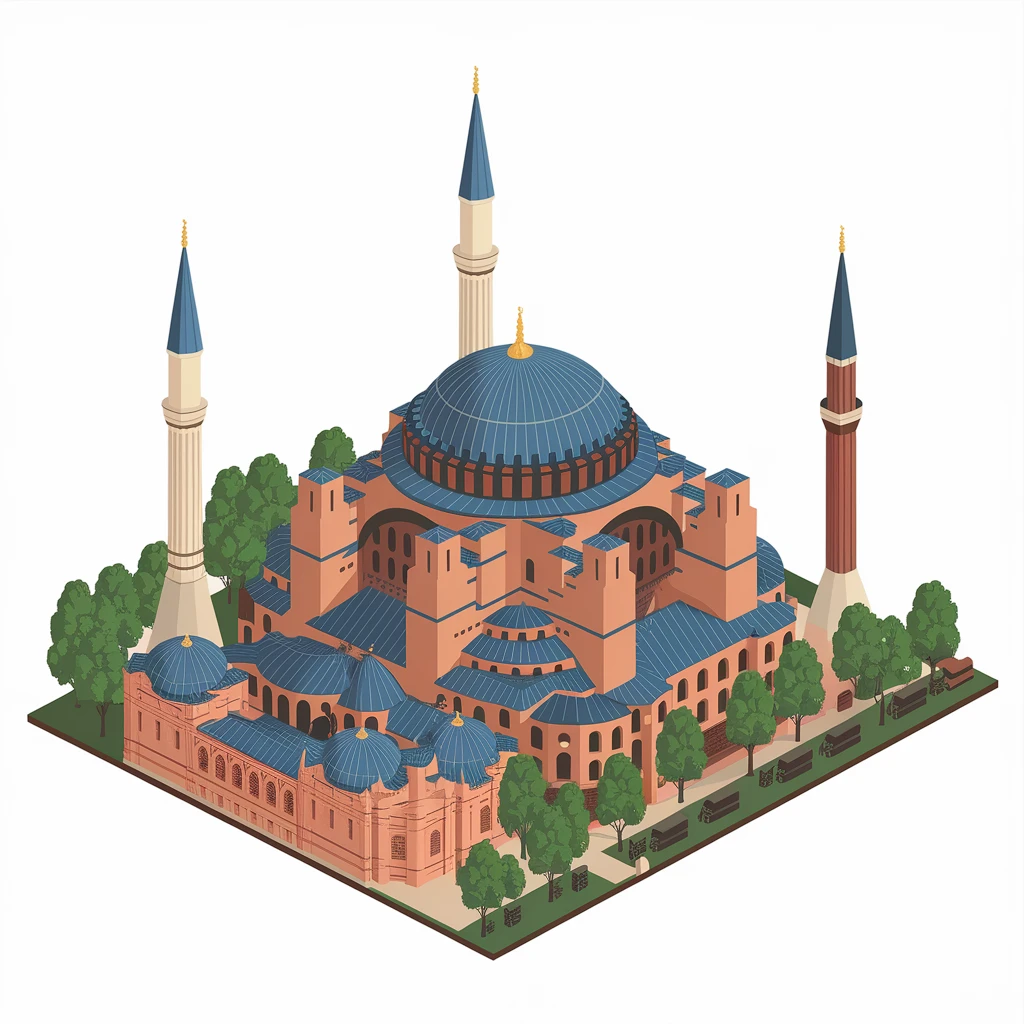 Isometric illustration of Istanbul, featuring real photorealistic Hagia Sophia with ts large central dome and four tall minarets, with real transparent background emoji
