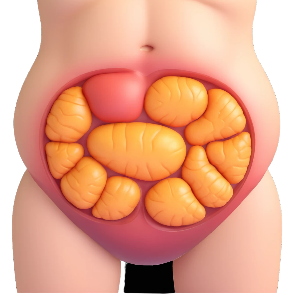 realistic abdomen with accumulation of stubborn fat, 3D realistic style, transparency effect showing compact adipocytes, scientific atmosphere emoji