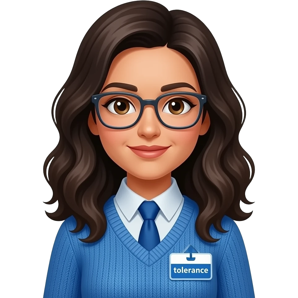 make someone who u think is abeer, blue tie, has a badge that says tolerance, wavy hair blackish brown  and make her wear a blue pull over, brown eyes, and glasses, pakistani skin emoji