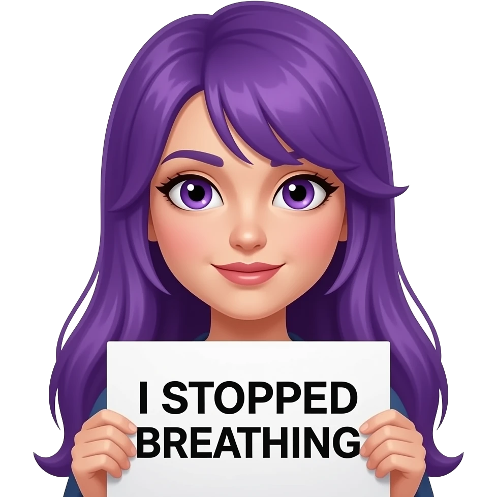 sexy girl with long purple hair and purple eyes holding a I STOPPED BREATHING sign emoji