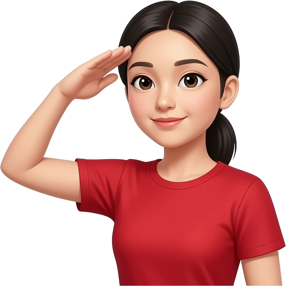 chinese woman saluting in red t shirt with low pony tail emoji