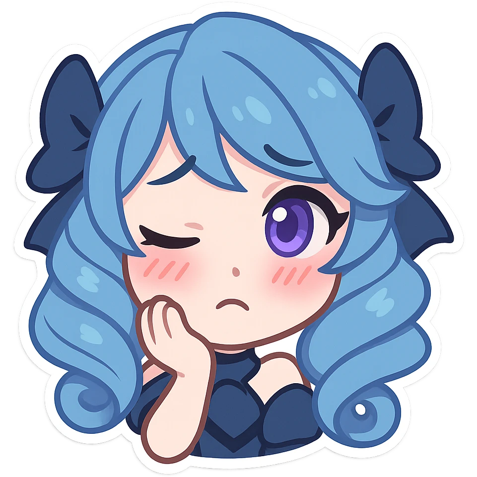 Gwen from League of Legends, chibi emote style, only head visible, right eye purple, shy expression, blushing cheeks, cute and expressive emoji