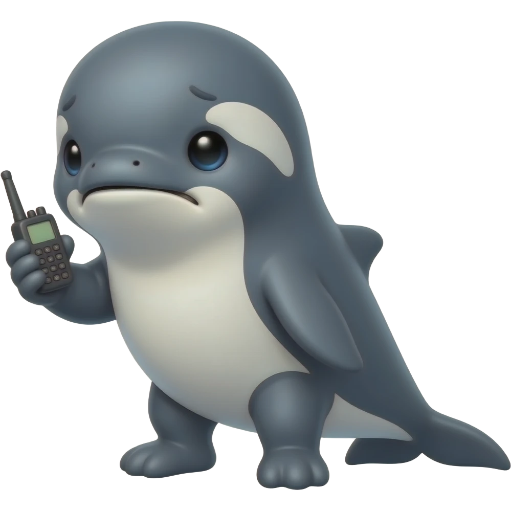 a walking orca looks stressed holding a walki talki emoji