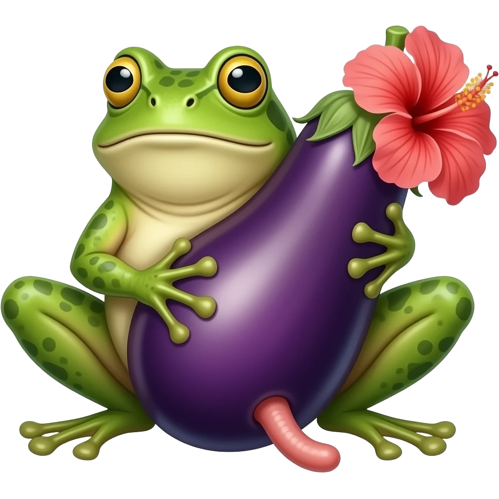 A frog with a big eggplant at the spot of penis and an hibiscus near the upper side of eggplant emoji