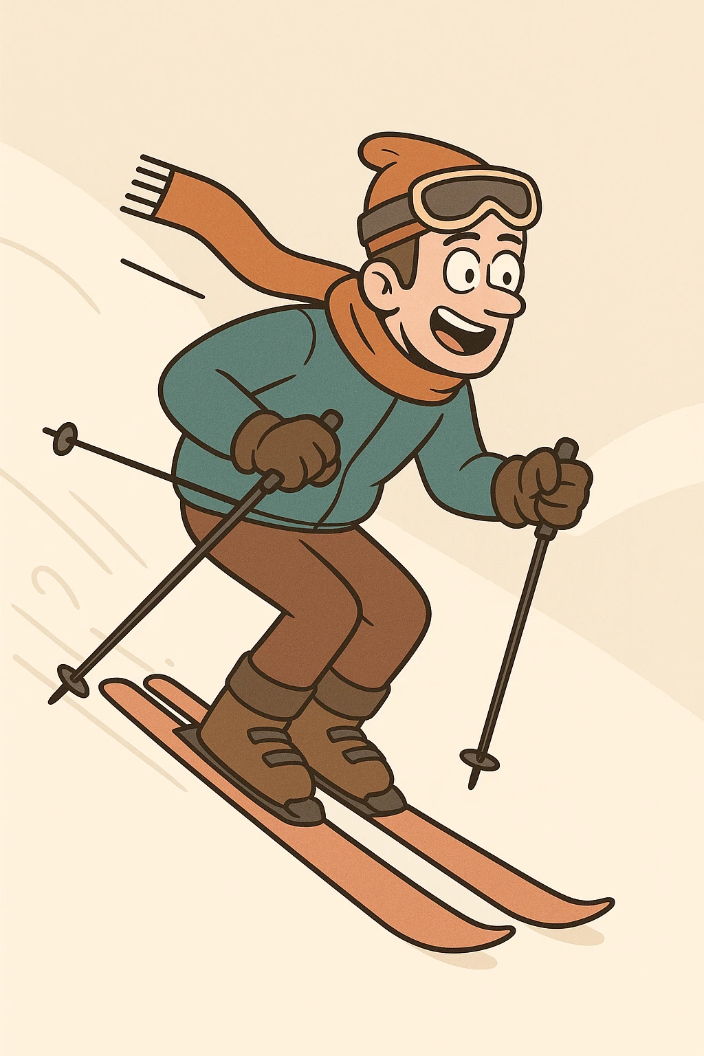 a ski guy skiing downhill, scarf blowing, minimalist, clean design emoji