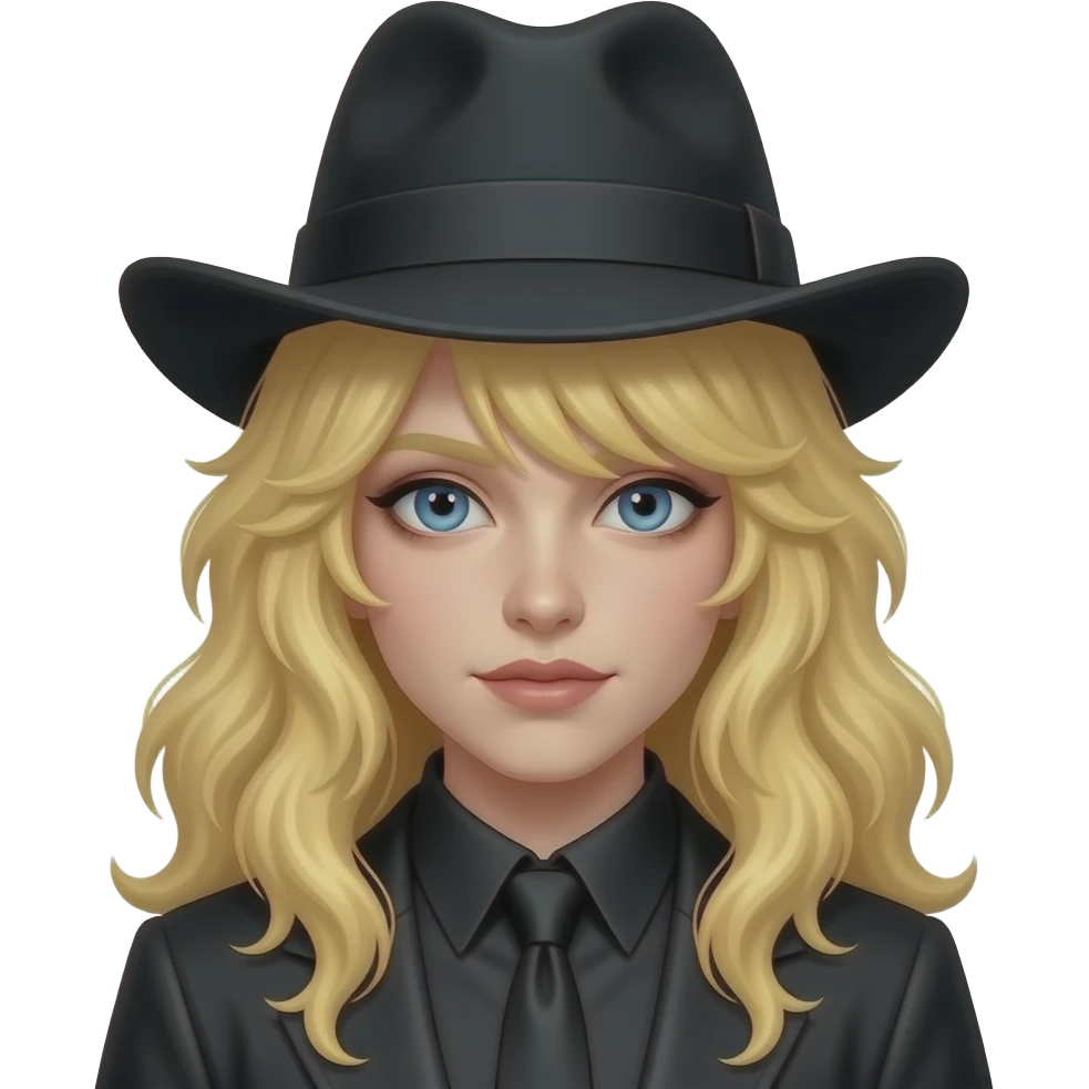 a goth in fluffy golden hairs wear a hat emoji