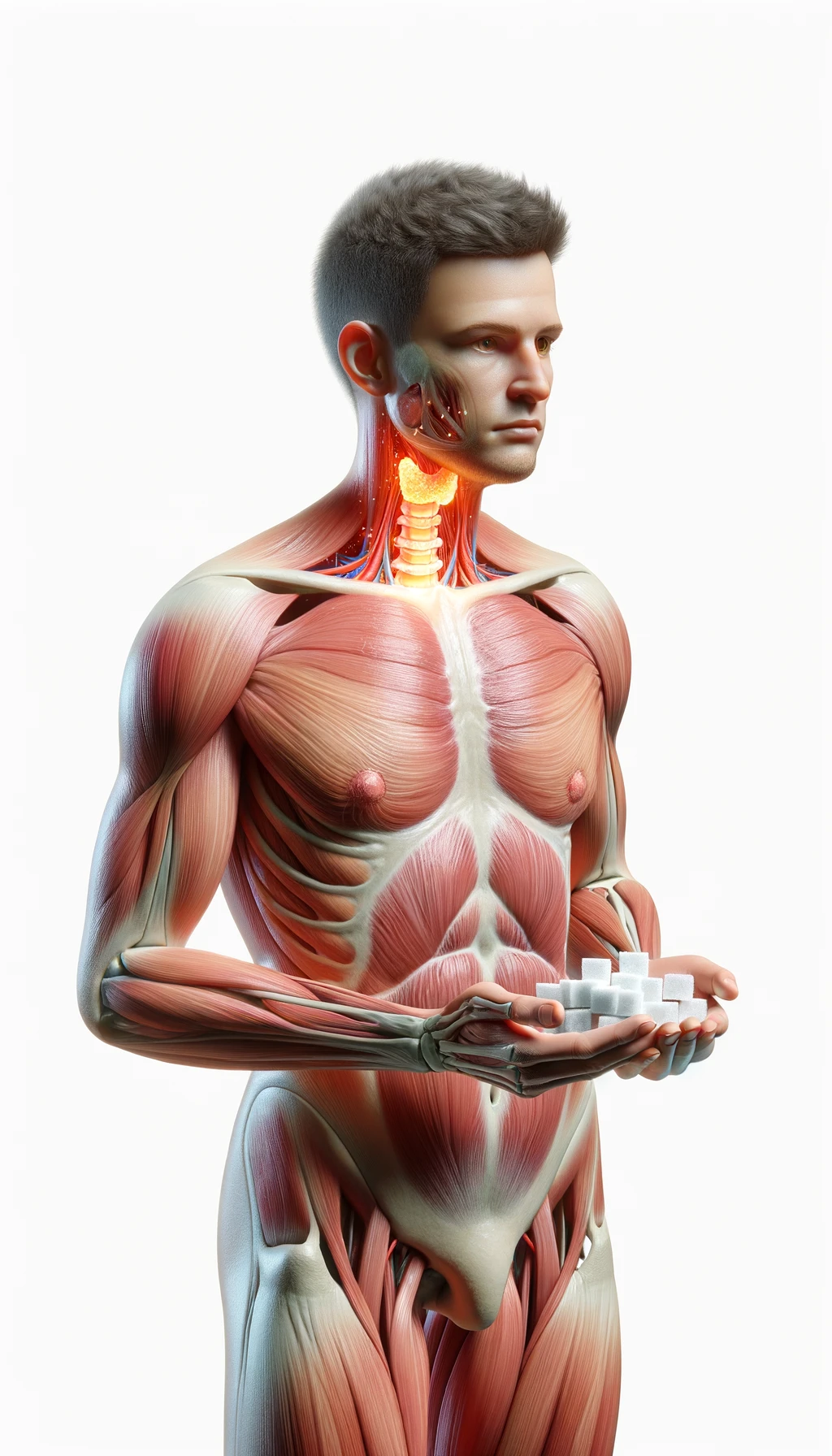 corpo umano anatomico con capelli corti a figura intera fino alle ginocchia, tiroide infiammata in evidenza, tiene in mano una manciata di zollette di zucchero, iperrealistica 4k, isolato su sfondo bianco emoji