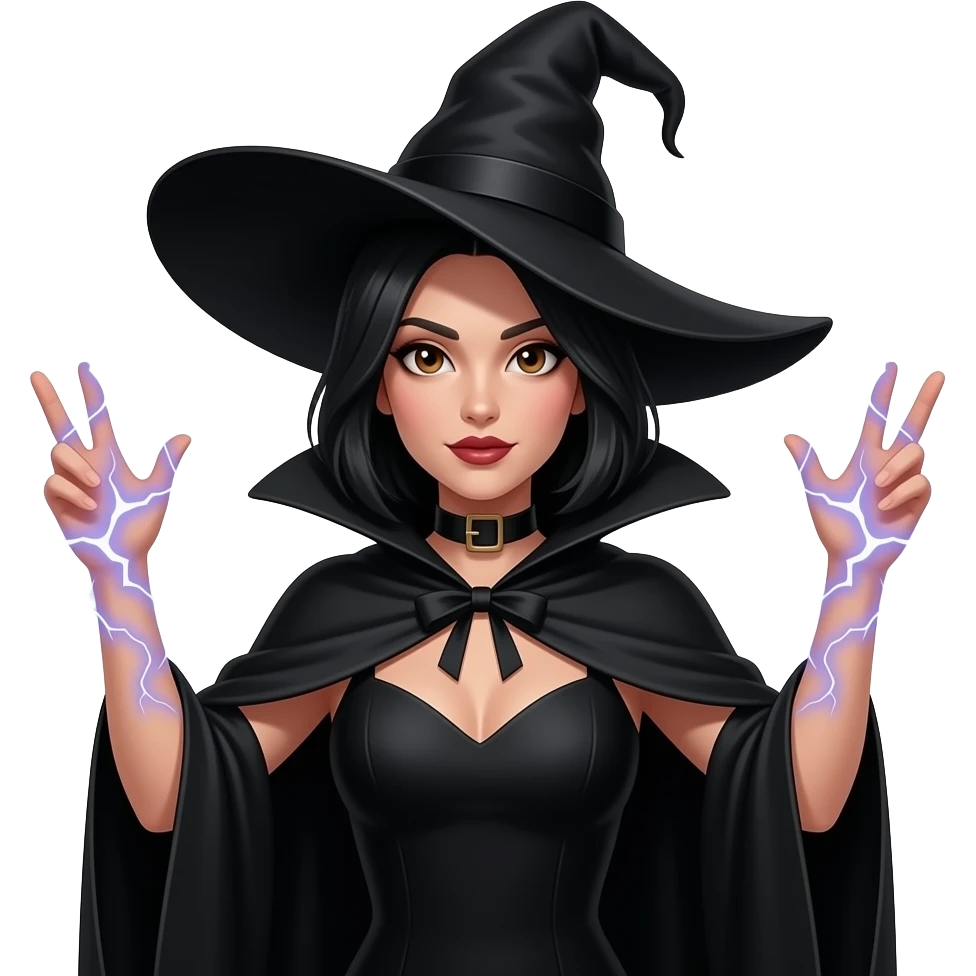 hot witch with black cloak and black neck choker and pointy black hat and black dress with black hair with brown eyes and hands up with electricity coming from her fingers emoji