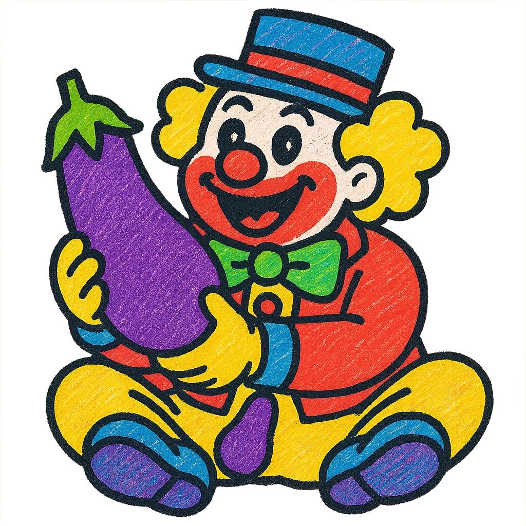Clown holding an eggplant between his legs in a vibrant and playful style with bright, pop colors and dynamic expression. emoji