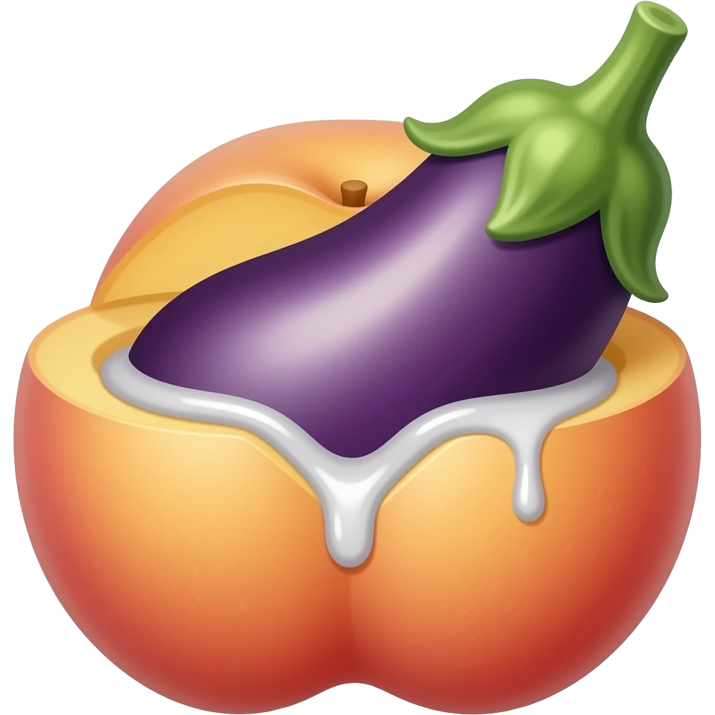 Eggplant going inside of peach towards the bottom and the peach has a hole dripping white stuff from it and the eggplant is vieny emoji