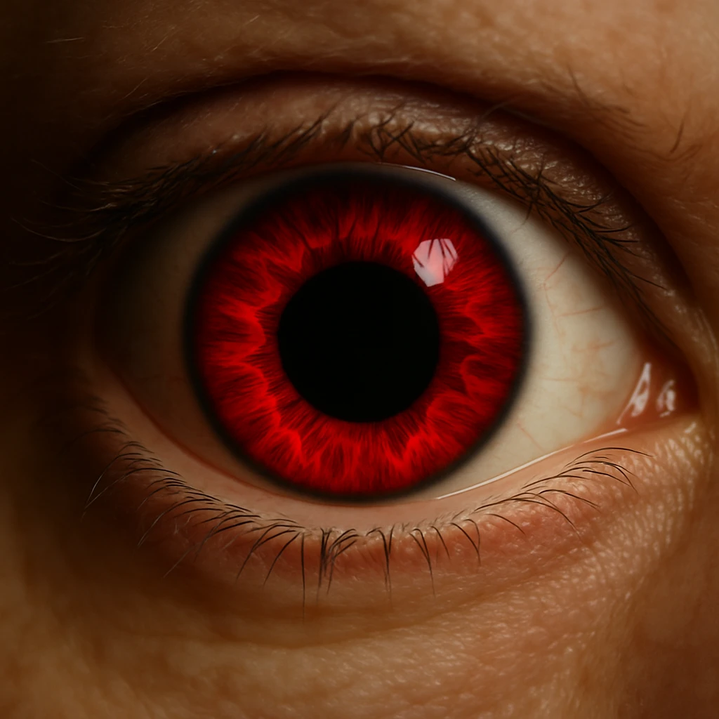 an eye with a bright red iris and an extremely dilated black pupil, intense and dramatic, on a plain background emoji